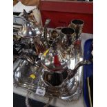 A group of silver plated wares, to include two silver plated coffee pots, sugar bowl, goblets, napki