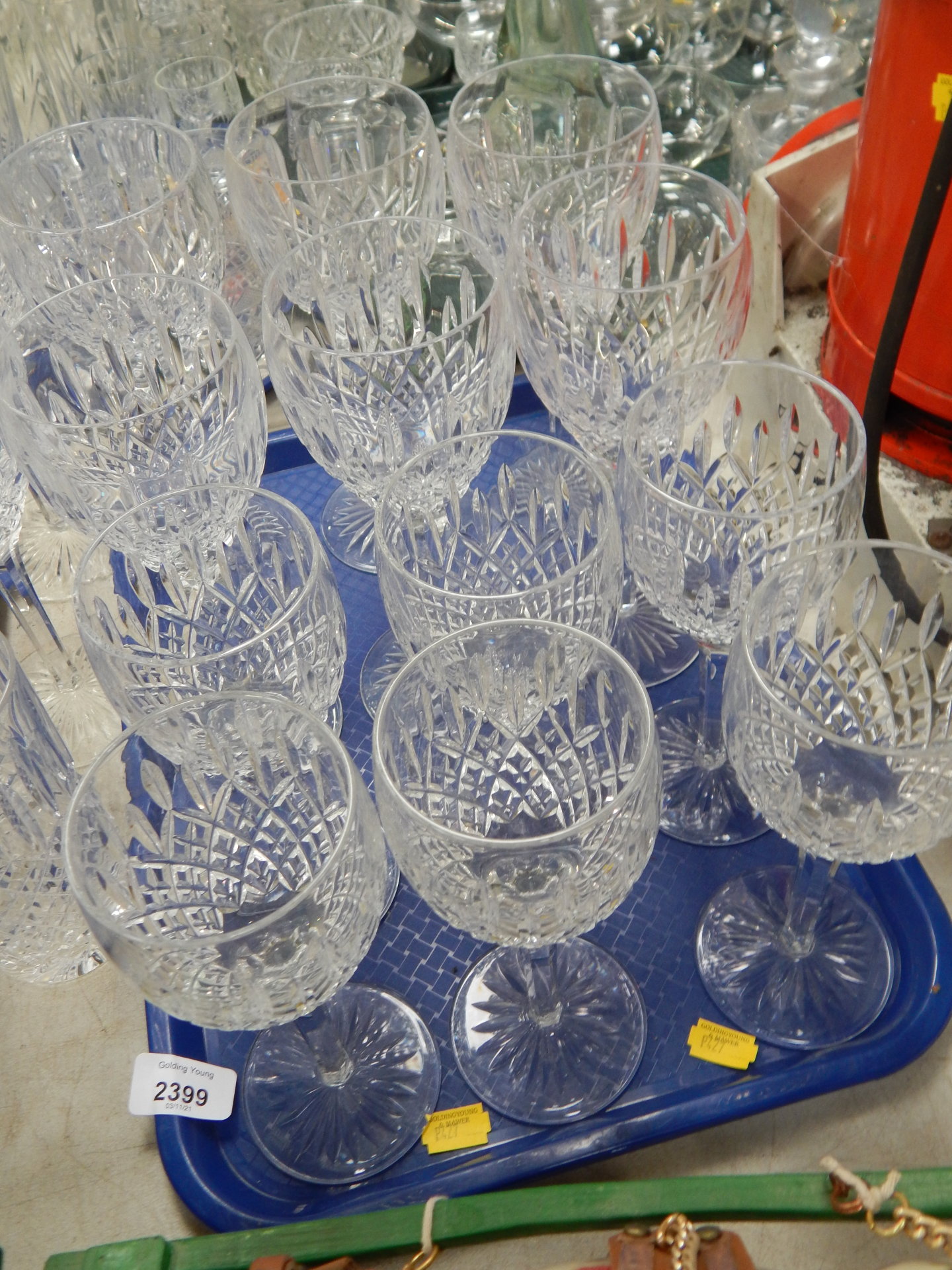 Assorted Stuart Crystal glasses, wine glasses, champagne flutes, tumblers, etc. (2 trays)