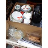 Kitchenalia, pots, pans, trays, Pyrex, shredder, prints, etc. (2 boxes)