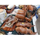 Various carved wooden animals, photograph frames, rhinos, antelopes, and elephants, and a Chinese ca