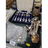 Silver plated wares, serving spoons, engine turned design milk jug, basting spoon set, etc. (1 tray