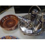 Silver plated wares, to include silver plated basket, wine coaster, two matched salt and pepper shak