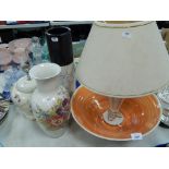 Various ceramics and effects, a large orange centred stoneware bowl, two stem vases, a floral table