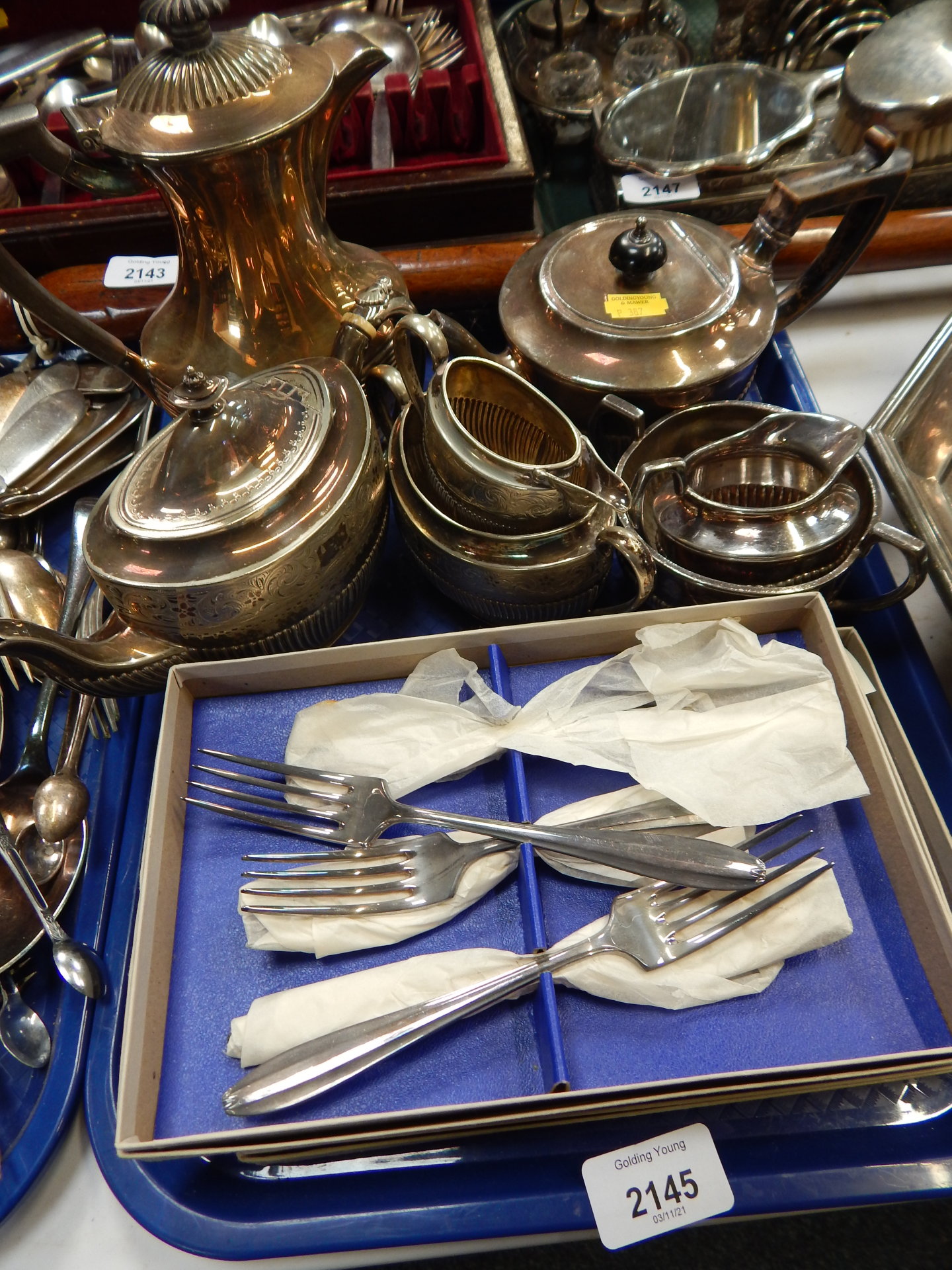 Silver plated wares, to include a Neo Classical style silver plated three piece tea service, a Hamil