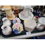 Various decorative ceramics, continental style wares, porcelain jar and cover, floral posy group, be