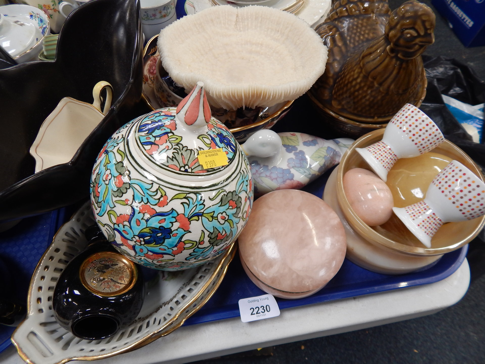 Ceramics and effects, jar and cover, egg cups, hen bowl, blue and white thimbles, shell Japanese sty