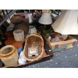 Various household effects, modern finish table lamps, wicker basket, placemats, china wares, radio,