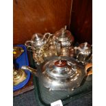 A group of silver plated wares, to include EPNS three piece tea service, serving tray, cruet set, et