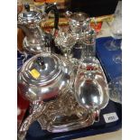 Plated ware, to include teapot, water jug, milk jug, salt and pepper, sugar sifter, etc. (1 tray)