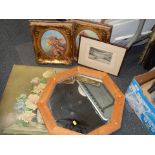 Assorted pictures and prints, gilt framed fairy prints, print of wild duck shooting, pine octagonal