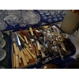 Various silver plated cutlery, bone handled butter knives, etc. (1 tray)