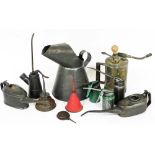 Various metalware, oil cans, early 20thC funnel, 16cm high, etc. (a quantity)