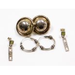 Three pairs of earrings, comprising a pair of stone set drop earrings, Eastern style ball earrings a