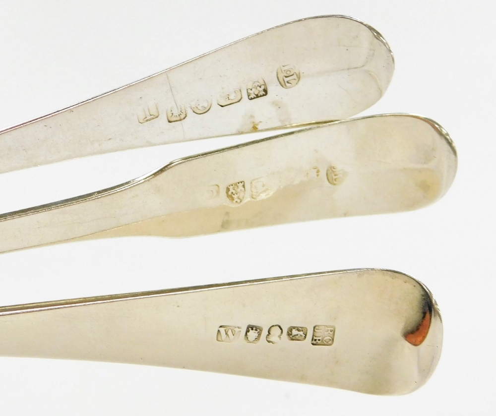 Three Georgian silver serving spoons, one for York 1808, other hallmarks rubbed, 5¾oz. - Image 2 of 2