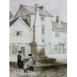 19thC English School. A town street scene, possibly old Leicester, with figures, sepia watercolour,