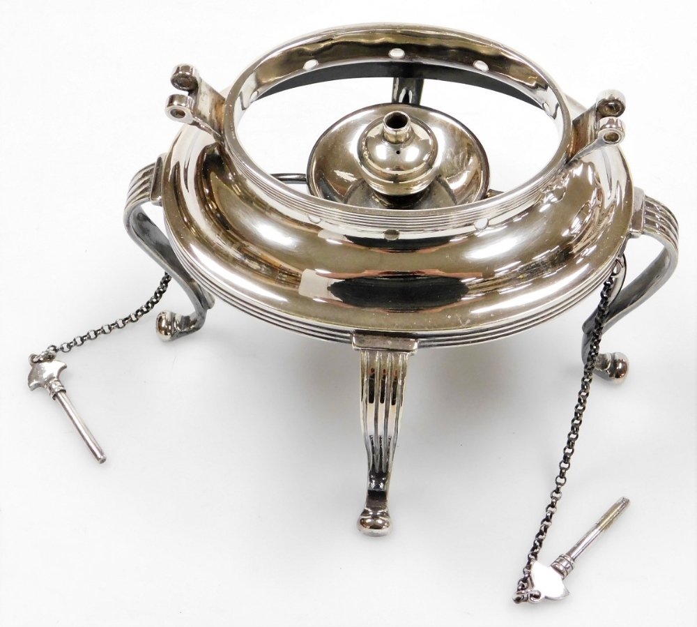 A James Dixon electro plated kettle on stand, with a bentwood handle, ebonised knop, and engraved an - Image 2 of 3