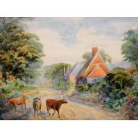 E Rowe. Rural scene with cows and a figure on a lane, watercolour, signed, 31cm x 43cm.