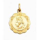 A 9ct gold St Christopher circular pendant, 1.5cm wide, 1.5g all in.