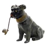 A late 19thC cold painted spelter nodding pug, in a seated pose holding pipe in its mouth, 7.5cm lon