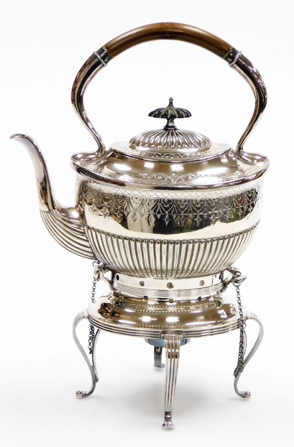 A James Dixon electro plated kettle on stand, with a bentwood handle, ebonised knop, and engraved an