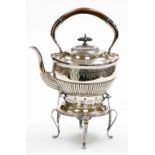 A James Dixon electro plated kettle on stand, with a bentwood handle, ebonised knop, and engraved an