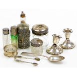 A collection of small silver, to include various glass and silver topped dressing table and scent bo