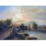 19thC Continental School. Village bridge with figures, etc., oil on canvas, 51cm x 69cm.