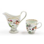 An 18thC Chamberlains Worcester porcelain cream jug and teacup, in Stag Hunt pattern number 9, circa