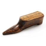 A William IV treen and pique snuff box, in the form of a shoe, dated 1833, 10cm wide.