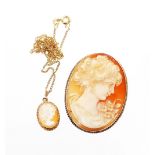 A group of 9ct cameo jewellery, to include a cameo brooch of young girl in a 9ct gold border, 4cm x