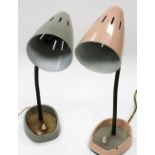 Two vintage adjustable lamps, with articulated stems, on shaped bases and with cone shades, 42cm hig