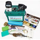 A Shakespeare plastic fishing tackle box seat and tackle, including a Mitchell 300X fixed spool reel