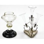 An early 20thC silver plated epergne, with four glass trumpet stems, plated in twine mounted on a tr