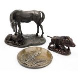 Three bronzed finish ornaments, a Heredities mare and foal model, 15cm high, a figure of a boar, 8cm