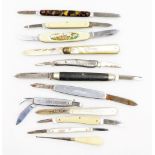 A collection of pen and fruit knives, with silver plated engine turned decoration, mother of pearl i