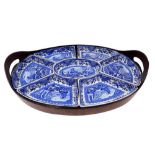 A Booths Old Blue Danube hors d'oeuvres dish, with blue and white design of ships in an outer wooden