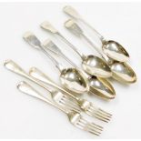 A collection of silver flatware, to include three old English pattern dessert forks with engraved in