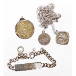 A group of silver jewellery, to include a silver identity bracelet, silver chain, St Christopher pen