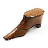 A 19thC treen and pique snuff box, in the form of the shoe, the sliding top inscribed 'Love,' 12cm w
