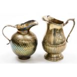 Two early 20thC silver plated jugs, the first with acanthus leaf handle and part gadrooned body, a s