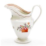 An early 19thC Newhall porcelain helmet shaped cream jug, pattern number 171, with pink rose and bas