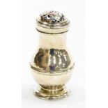 A George I Britannia silver pounce pot, of baluster form, with a scroll pierce lid and a raised band