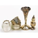 A collection of small silver, a late Victorian miniature silver pepper pot, of baluster form with an