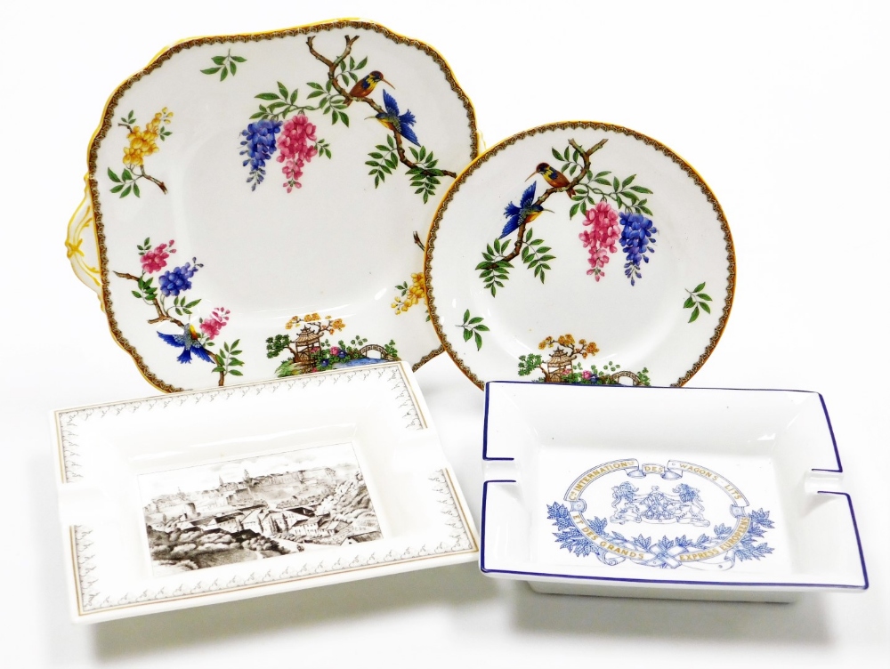 A collection of porcelain items, an Arioria Limoges ashtray, a Villeroy and Boch ashtray depicting a