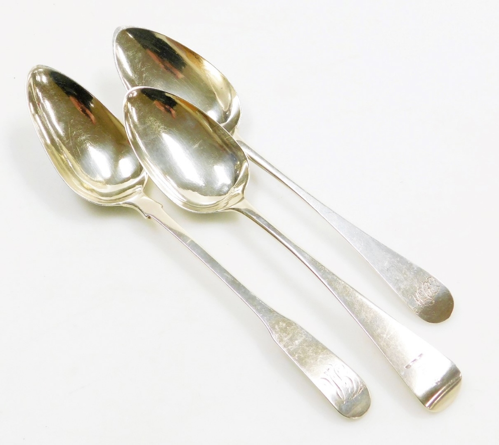Three Georgian silver serving spoons, one for York 1808, other hallmarks rubbed, 5¾oz.
