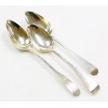 Three Georgian silver serving spoons, one for York 1808, other hallmarks rubbed, 5¾oz.