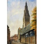 E Hartopp. A View of The Old Guild Hall and St Martin's Cathedral, Leicester, watercolour, signed, 3