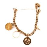 A 9ct gold curb link charm bracelet, and four charms, comprising a Victoria Young head half gold sov