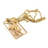 A 9ct gold horse pendant and chain, the rectangular pendant with central galloping horse emblem on l