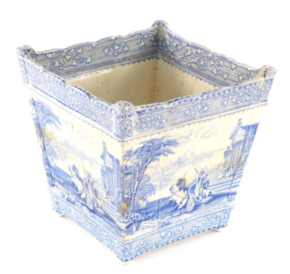 A 19thC blue and white transfer printed Arcadian Chariots planter, of square tapering form, typicall